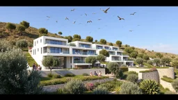 Modern residential complex integrated into a Mediterranean hillside, olive trees and wildflowers surrounding terraces, people enjoying outdoor spaces while birds fly above.