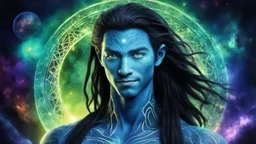 beautiful gorgeous young man na'vi with long hair, Avatar, blue skin, two small ears, green eyes, black hair, in cosmic suit, galactic ambiance, medium pointy goatee , smiling, nebulas and sacred geometry light figures on the backgroud,