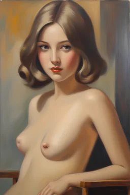 oil painting Vladimír Stříbrný, portrait of a naked charming young girl straight sleek hair hairstyle mikado like from the 20s