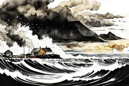 an abstract ink wash and watercolor illustration of a storm tossed, highly detailed coastal fishing village in the Faroe Islands, with ominous thunderheads and pounding surf , finely drawn and inked, 4k, hyper detailed and vibrantly colored