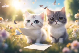 two cute anime chibi cats on either side of the picture looking at a pigeon in the top centre of the picture, flying with an envelope in its mouth in sunshine, flowerfield, ethereal, cinematic postprocessing, bokeh, dof