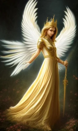 Angel with big wings and golden crown floating above the ground in the dark, forestSorrow