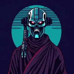 8 bit pixelart of a terminator like robot, synthwave colored, vaporware, budist monk robe