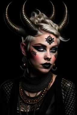 A young tiefling woman with a set of ram horns on her head encrusted with jewels, White-Blonde, short hair, black eyes, dressed in black with lots of jewelry, beautiful, satanic tattoos on her neck, she is evil