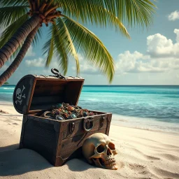 Old weathered pirates treasure chest half buried in the sand of a tropical island cracked open and overflowing with jewelry and jewels, palm trees in background, skull in sand near the chest, azure waters dramatic, digital photography, realistic