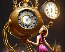 a girl pulling a big clock holding with a chain, clock flying away from the girl, realistic, intricately detailed