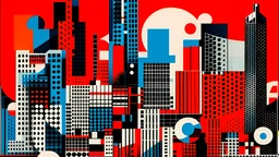 An abstract and geometric illustration by Malevich and Kuniyoshi of a digital city with an anarchist red and back flag.