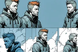 man, ethan hawk, looking at the sky, looking serious, comic book, post-apocalypse, grey background, illustration, multiple angles, sketch,