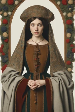 Portrait of a young woman in winter clothes in the style of jan van eyck in colors on a white background