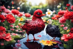 red and black chicken and small chibi duck in a flowergarden with beautiful flowers, pond, in sunshine, H.R. Giger, anime, steampunk, sürreal, watercolor and black in outlines, golden glitter, ethereal, cinematic postprocessing, bokeh, dof