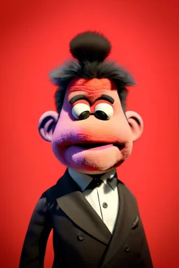 Waist up muppet Portrait, Kim Jong-un as muppet doll, black suit, photo studio, red background, unreal engine 5, concept art, art station, god lights, ray tracing, RTX, lumen lighting, ultra detail, volumetric lighting, 3d.