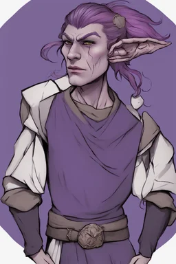 firbolg with dark purple shor hair with lilac skin