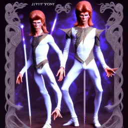 david bowie, mystical light, male model, white owl, Jim Henson's The Labyrinth, Jareth the goblin king, crystal ball in hand, wearing spandex grey leggings with a crotch bulge with fancy clothes