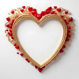 Heart shaped frame in gold with a red small heart for Valentine's Day on a white background