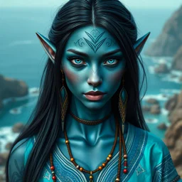 Hyperrealistic, ultra HD, 4K resolution, general shot of a beautiful elf, with metallic blue skin, tribal tattoos, dark, straight, long hair, elongated face towards the chin, almond-shaped eyes slightly tilted upwards, of a deep blue color. She wears a tunic in turquoise, blue and silver colors with geometric embroidery. She wears tribal jewelry, with colored beads. Background a futuristic coastal landscape.