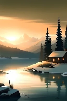 vista panoramica de una paisaje de atardecer con una cabaña pequeña con luces encendidas, chimenea encendida, rodeada de montañas levemente nevadas, pinos y un lago con un oso marrón cazando. imagen realista, suave contrate y alta nitidez
