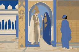 an open gothic_Arab gate in a blue-and-gold-tiled wall with a view of an old city by artist "Beardsley",by artist "Rackham",by artist "Bertha Lum",by artist "Dulac",by artist "Erte"