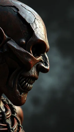 a side view of wishmasyby his face skin is a rusted broken metallic skin texture in a 3d rendering full-height image of a grim and dark scene. Ensure the final images exhibit the utmost quality, encompassing 4K, 8K, and 64K resolutions, with 3D rendering that manifests in photorealistic, hyperrealistic, and highly detailed representations. Employ techniques such as HDR, UHD,