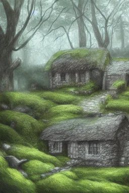 a small, moss covered, stone cottage in a clearing in the woods elegant pencil sketch digital painting extremely detailed very attractive dynamic lighting award winning fantastic view crisp quality