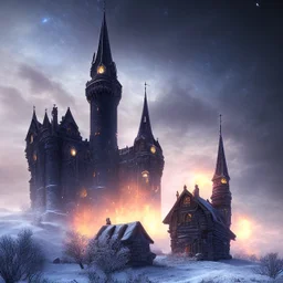 nightsky, blue, black, fields, abandoned buildings, ruins, cottage, gothic castle, metal, gold, satanic,