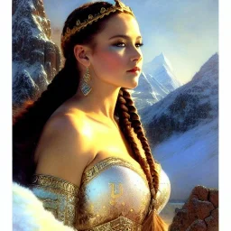 Drawing of beautiful face viking queen,braids,extra busty,snow,castle,mountains,ancient leather armor, balanciaga fashion clothe painting by gaston bussiere, greg rutkowski, yoji shinkawa, yoshitaka amano, tsutomu nihei, donato giancola, tim hildebrandt, oil on canvas, cinematic composition, extreme detail,fit full head inside picture,16k