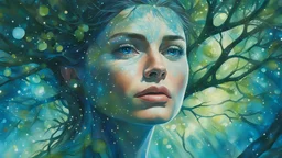 gouache, woman tree glare, sparkles, blue, green, clear lines, detail, fine rendering, high resolution, 4K, photorealism, precise focus, double exposure, fantasy,
