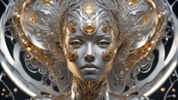 figure of a woman, art from the "art of control" collection by Jasper Harvey, in the style of futuristic optics, silver and gold, flower, bird, detailed facial features, swirling vortices, glowing, 8k 3d, bizarre cyborgs, made of crystals, high detail, high resolution, 8K