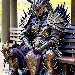 a statue of a warrior sitting on a bench, intricate armour costumes, samurai armor, cyber japan samurai armor, full samurai armor spiderman, dressed in samurai armour, demon samurai warrior, cyborg samurai, samurai deity with koi armor, demon samurai, demonic dragon inspired armor, ornate cosplay, intricate ornate armor, wearing samurai armor, intricate detailed armour, dragon inspired armor