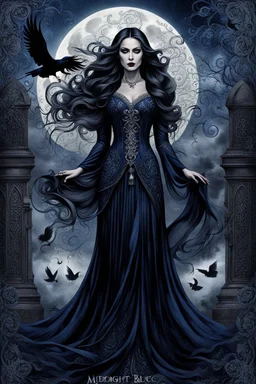 A muted dark colored gothic image of a woman with intricate sade facial features dark eyes, dressed in a deep midnight blue and grey long flowing dress with an aura of fantasy, with long dark hair, there are swirls of silver, a black raven fly around her , a full moon in the dark sky, big mist around her a tombstone, skulls, dark roses, midnight blue roses, a wrought-iron fence around the graveyard, gnarled tree near the tombstones, moonlight filtering through the trees, ethereal glow and fog