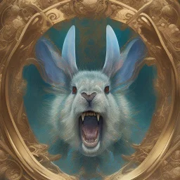 fantasy magic, sharp focus, illustration, highly detailed, digital painting, concept art, matte, art germ and Paul Lewin and Kehinde Wiley, masterpiece silver rabbit head bronze turquoise golden waves