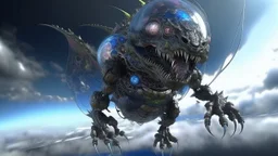 photorealistic flying monstruous deformed nightmarish cyborg saurus, galactic multiverse, infinity vanishing point, gigantic glass exoplanet Titan, hyperboloid Trompe-l'œil, quasar thunderstorm,