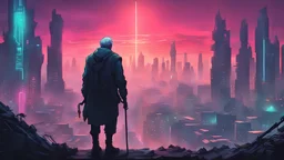 I'd like an old man with his back turned holding a staff, partially cyberized, looking a dystopian city from far away, neon sky