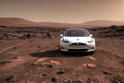 A Tesla 'Model S' is drifting at high speeds, at the Cydonia region on Mars. (CINEMATIC, WIDE ANGLE LENS, PHOTO REAL)