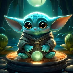 "Create a cute image of Baby Yoda from 'The Mandalorian' holding a shiny Monero coin in his tiny hands. Around him, floating holographic Monero symbols glow with a soft silver light, as he sits in his hovering pram against the backdrop of the lush forests of the planet Sorgan."