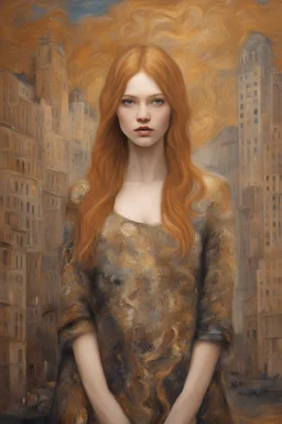 Ginger hair Alexandra "Sasha" Aleksejevna Luss psychology fantasy erect oil paiting In Sigmund Freud's psychology display Gustav Klimt style, dream, symptom, image in the background in the city art display Gustav Klimt style artgerm display in the New York City
