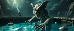 smite by god was the evil furry goblin gremlin man in a pool in the style of Escher and Giger.