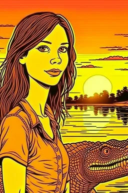 girl, brown hair, brown eyes, sunset, nature in the background with crocodile, handdrawn, river