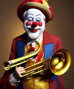 happy old friendly clown with round head and trimmed beard playing jazz with a steampunk theme, trumpet on mouth, carnival, dreamy