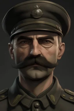 French sergeant, small moustache, grim expression, pale skin