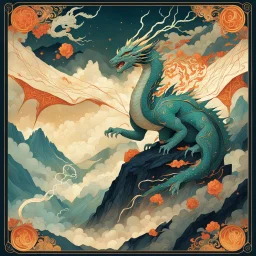 Bordered digital illustration of a ethereal lightning Dragon Emperor upon a mountain by Victo Ngai. Torat card, Hanafuda style. High quality, masterpiece.