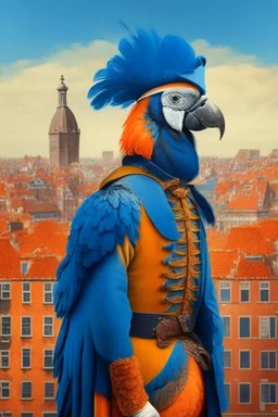 Half parrot half human in a 1700s Orange Dutch uniform next to a Dutch city with blue feathers