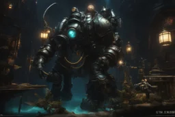 Big Daddy in bioshock model with 8k solo leveling shadow artstyle, venom them, Underwater, neon water, full body, intricate details, highly detailed, high details, detailed portrait, masterpiece,ultra detailed, ultra quality