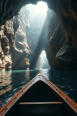 A hyper-realistic, detailed photo , first person view of you riding a boat inside a big cave, bow, bathed in cinematic light. , realistic elements, captured in infinite ultra-high-definition image quality and rendering, full size photo