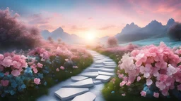 paesaggio fantastico con sentiero pieno di fiori topazi smeraldi cristalli, quarzo rosa e ialino cristalli preziosi azzurri e bianchi sole nascente cielo azzurro colori tenui