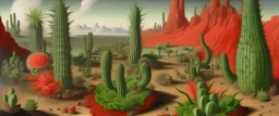 A red smoking badlands with scorching cacti painted by Lucas van Leyden