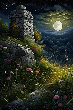 A close-up image of a rough stone wall with overgrown grasses, weeds, and vibrant flowers, featuring whimsical and surreal art, dark fantasy themes, dramatic lighting effects, intricate details, dreamy landscapes, gothic aesthetics, an ethereal atmosphere, and magical scenes with a moonlit sky with stars and constellations, a faint glow emanating from the cracks in the wall, and fireflies dancing around the glowing cracks.