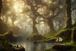 higly-detailed, epic landscape, highly detailed, perfect lighting, perfect composition, 4 k, artgerm, hudson river scool, victorian era, steampunk, big trees, forest, swamp