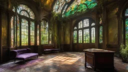 derelict mansion interior, dilapidated, overgrown, sad, abandoned, stained glass, old furniture, soft light, 28mm, RTX, John Atkinson Grimshaw, Albert Bierstadt