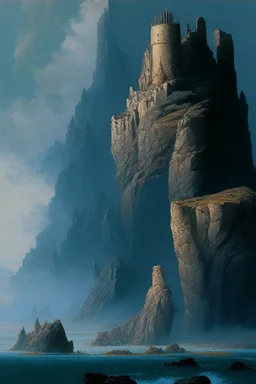 a rocky coast. A long isthmus juts out into the sea. the isthmus slopes upwards. on top of the isthmus there is a large fortress. dramatic. style of Michael Whelan.