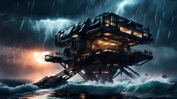 kolto mining platform above the ocean, nighttime scene storms, star wars style, cyberpunk style